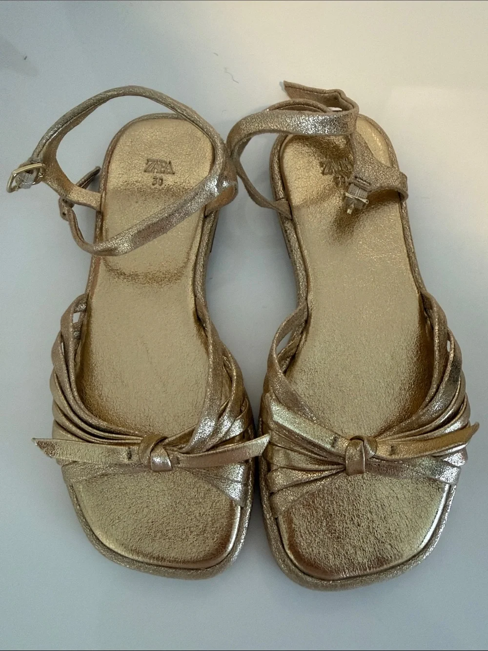 Zara Metallic Gold Knotted Ankle-Strap Sandals